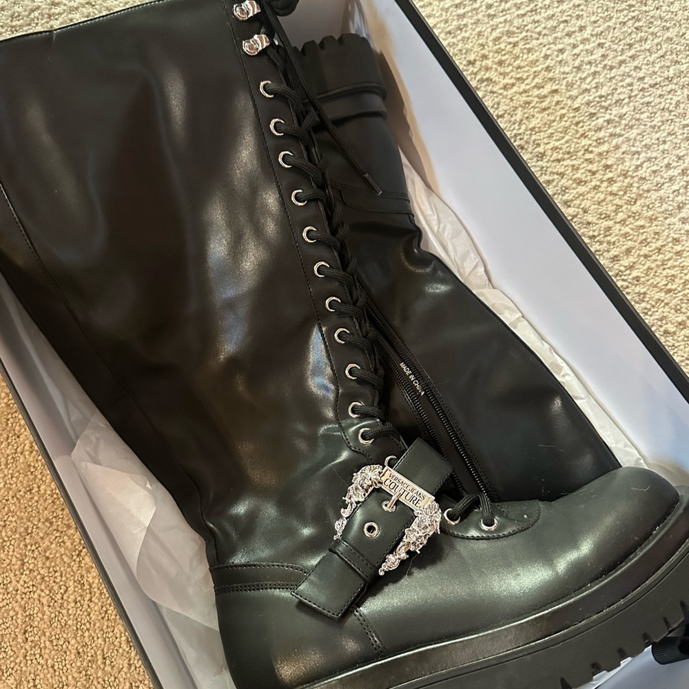 VERSACE COUTURE Black Lace-Up Knee Boots with Decorative Crystal Buckle